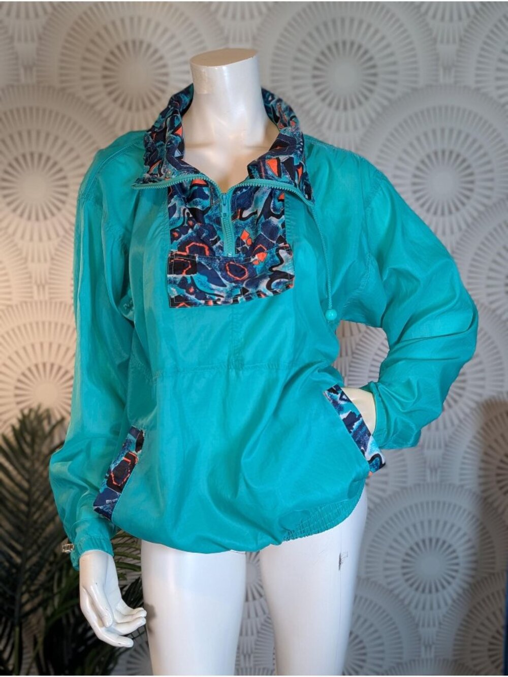 1980's/1990's Turquoise & Abstract Nylon Pullover Windbreaker - Women Size M/L